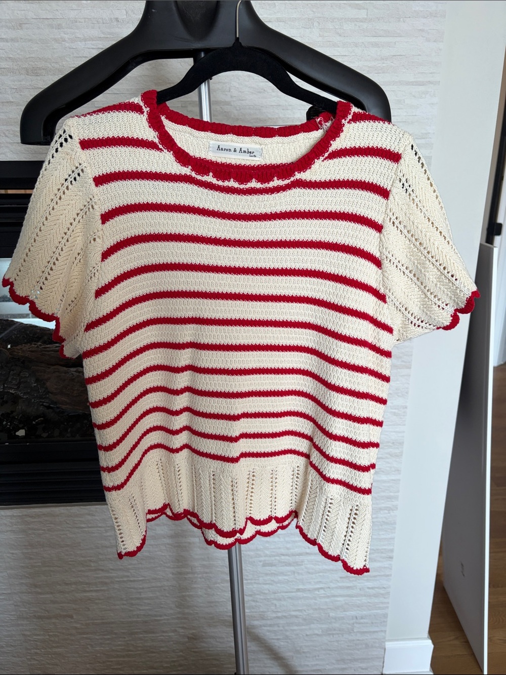 Cream & Red Striped Knit Short-Sleeve Top